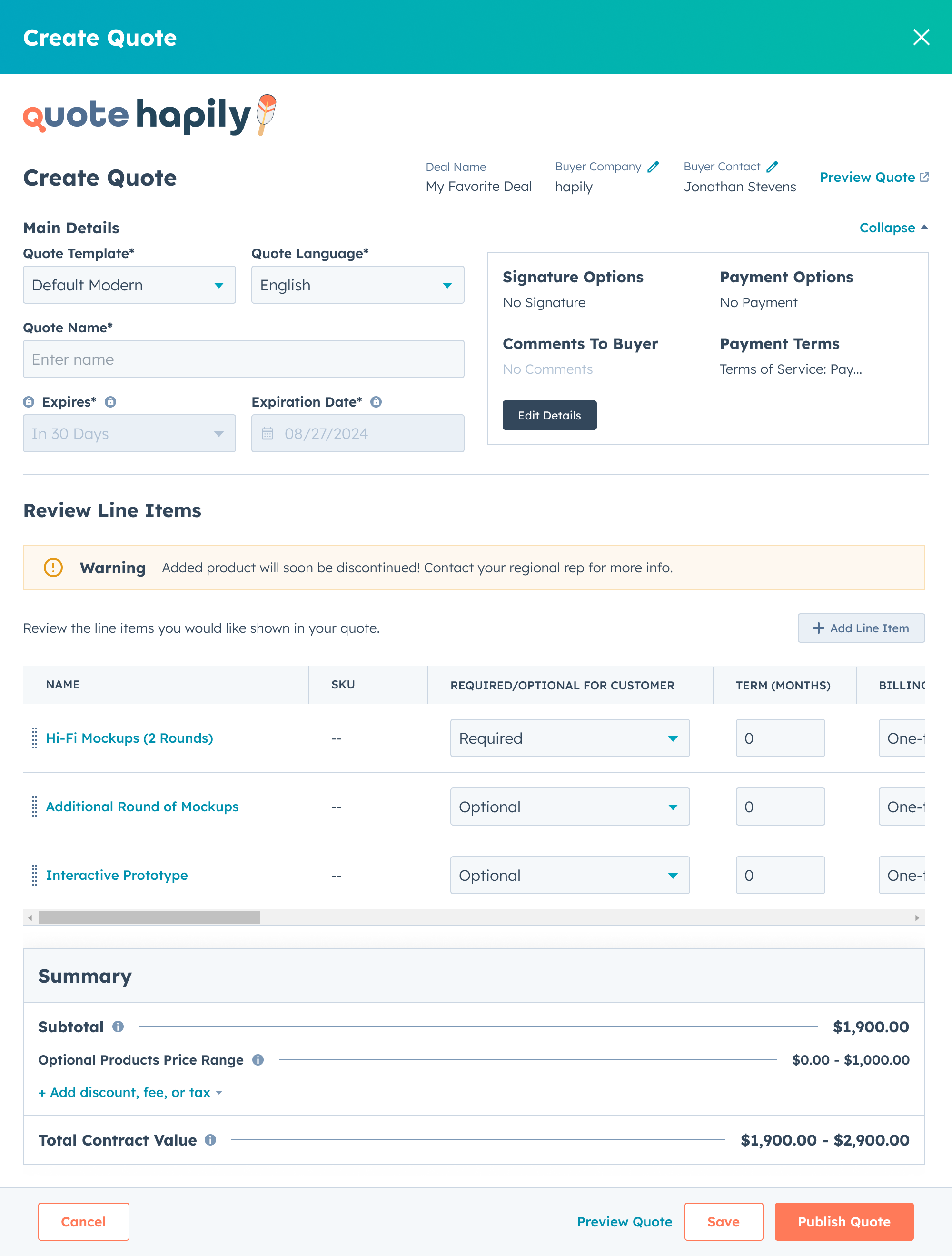 Give Buyers More Control: Optional Line Items in HubSpot Quotes with quote•hapily