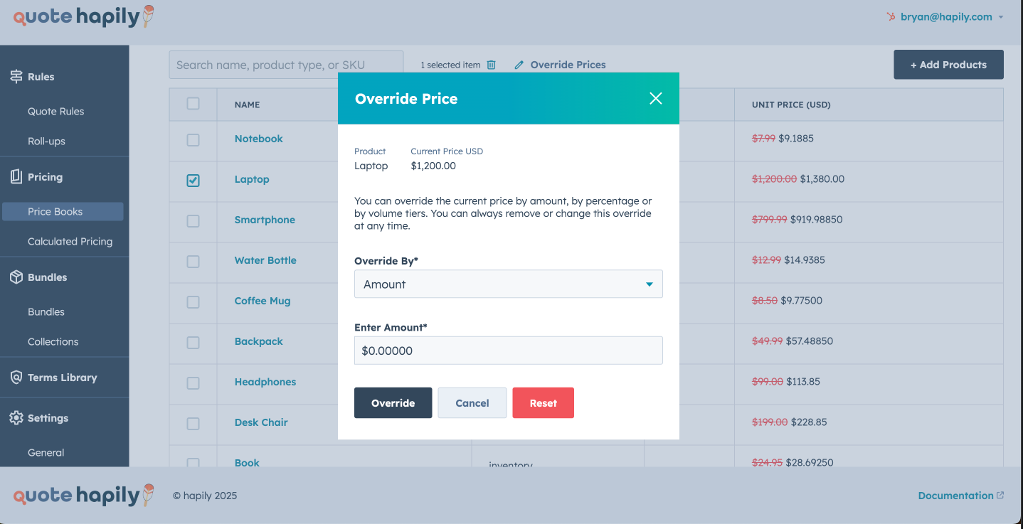 price books override tarriffs