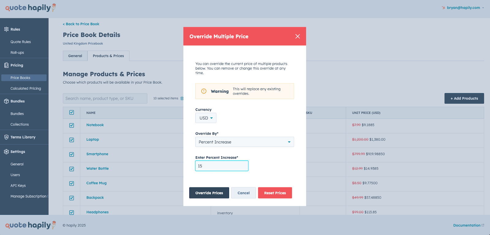 price books tariffs override
